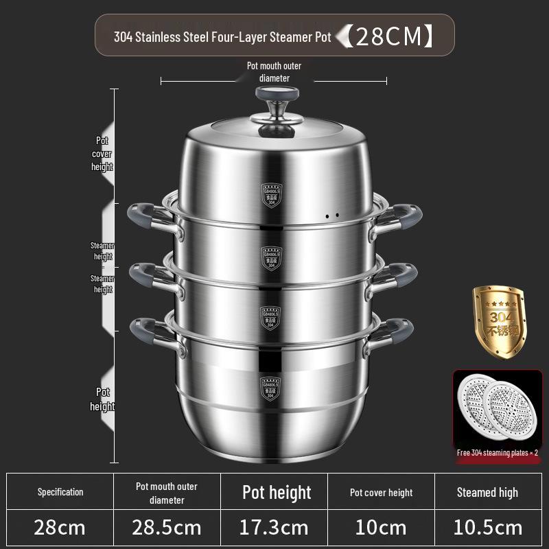 Large Capacity 304 Stainless Steel Steamer Pot with Thickened Multi-Layer Steaming Baskets for Household Use