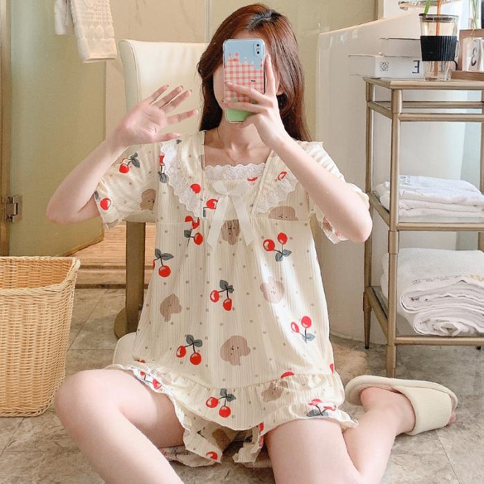 

Комплект домашней одежды с принтом, мягкая ткань, бант, рукава-фонарики, квадратный вырез, эластичные шорты для женщин, лето M