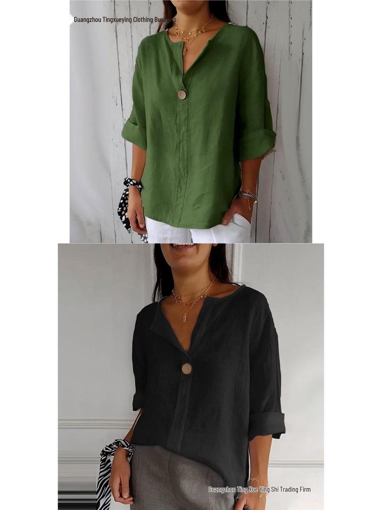 Women's Cotton Linen V-Neck Button T-Shirt - Summer Loose Fit