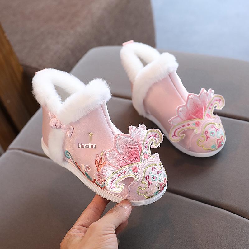 Verdickte warme Samt-Hanfu-Schuhe für Mädchen mit Stickerei - Baumwollstiefel im Prinzessinnenstil für Winter und Neujahr