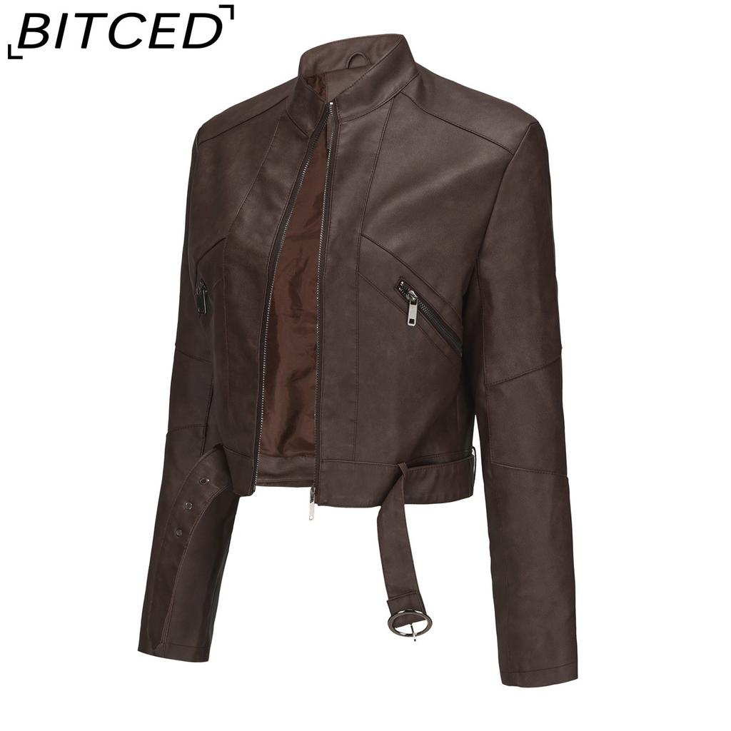 BITCED Women's Biker-Style Leather Jacket with Belt, Long Sleeves and Zip Fastening Spring/Autumn Leather Jacket