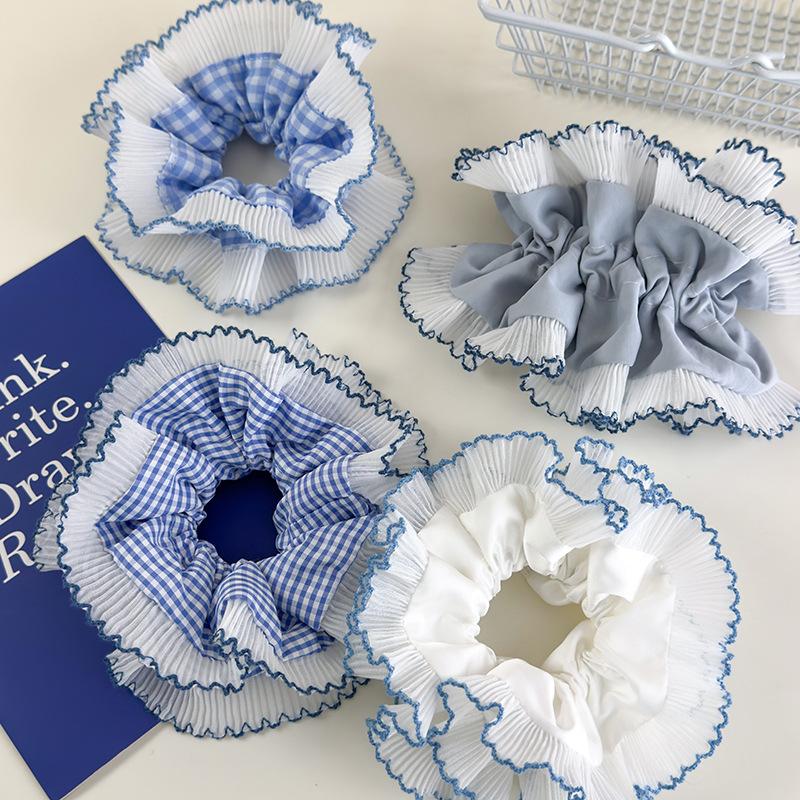 Blue Lattice Ruffles Hair Scrunchies Double Lace Headbands Womens Girls Sweet Romance Hair Rope Female Tie Rubber Band Headdress