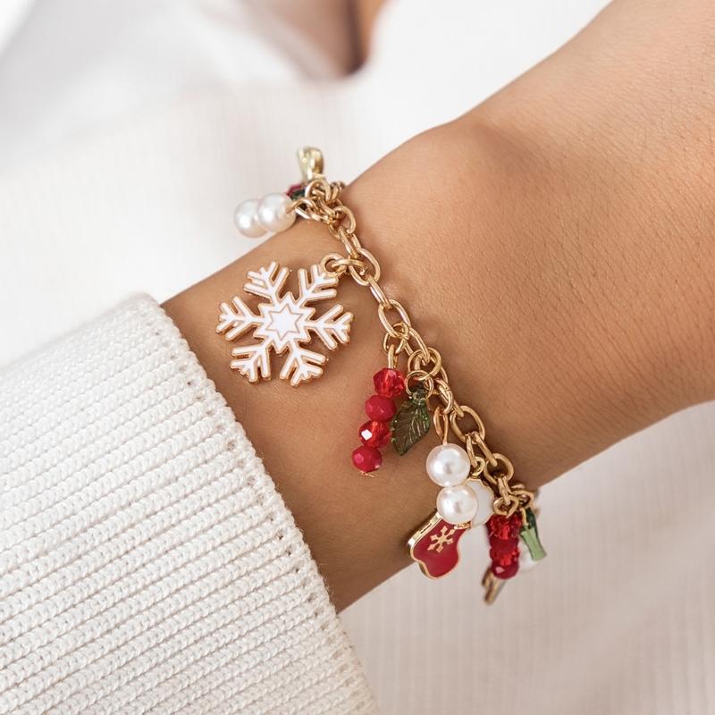 Christmas Bell Bracelet Multi Color Stretch Beads Featuring Snowflakes And Trees Perfect For Holiday Celebrations