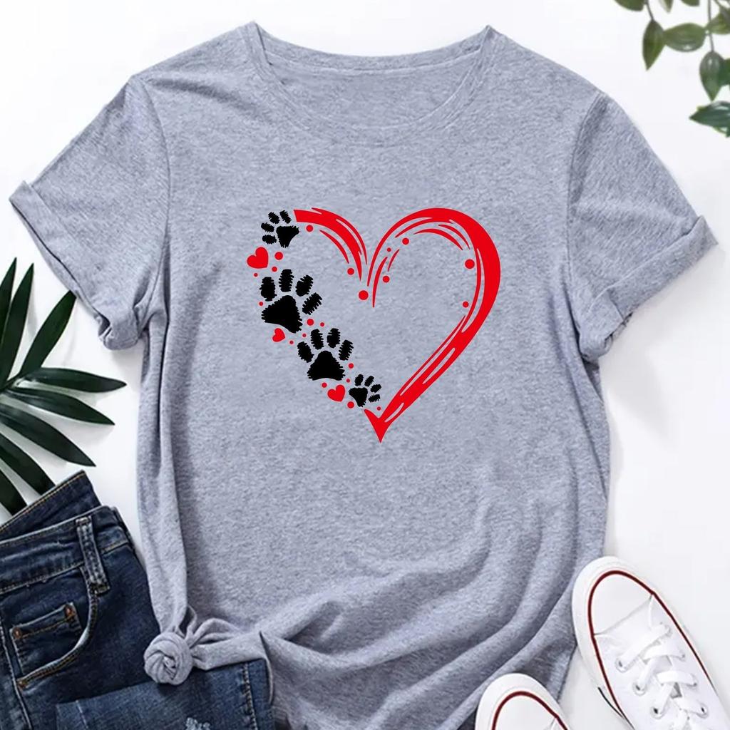 Women's Casual O Neck Heart Printed T-shirt O Neck Short Sleeve Cotton Tops