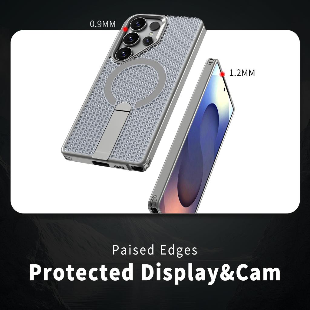 For Samsung Galaxy S25 Ultra Magnetic Case Kickstand Grid Texture TPU PC Phone Back Cover