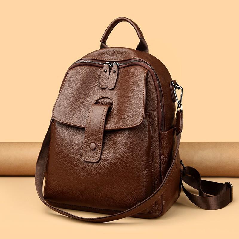 Buckle Open Cowhide Backpack Women's Large Capacity Backpack Autumn and Winter Black Multi-functional Large Backpack S