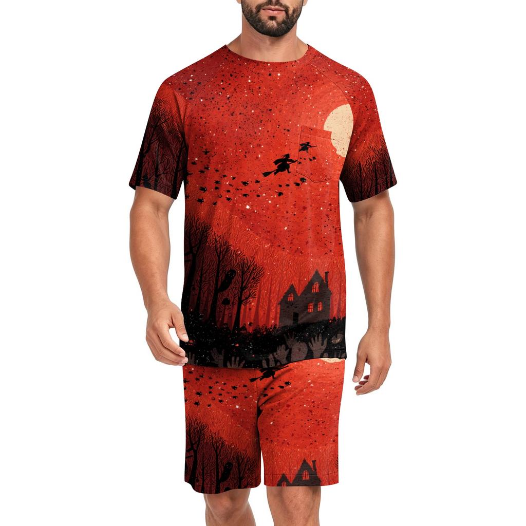 Men's Halloween Casual Pajama Set Short Sleeve Top and Shorts Comfortable Lightweight Sleepwear for Home Relaxation