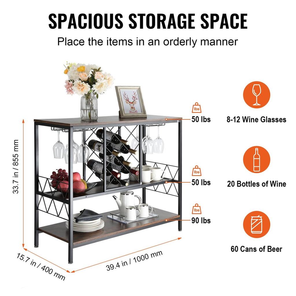 Armario Bar Industrial de 40 Pulgadas, Mesa de Vinos para Licores y Copas, Aparador Buffet con Soporte para Copas y Botellero, Madera Rústica Independiente
