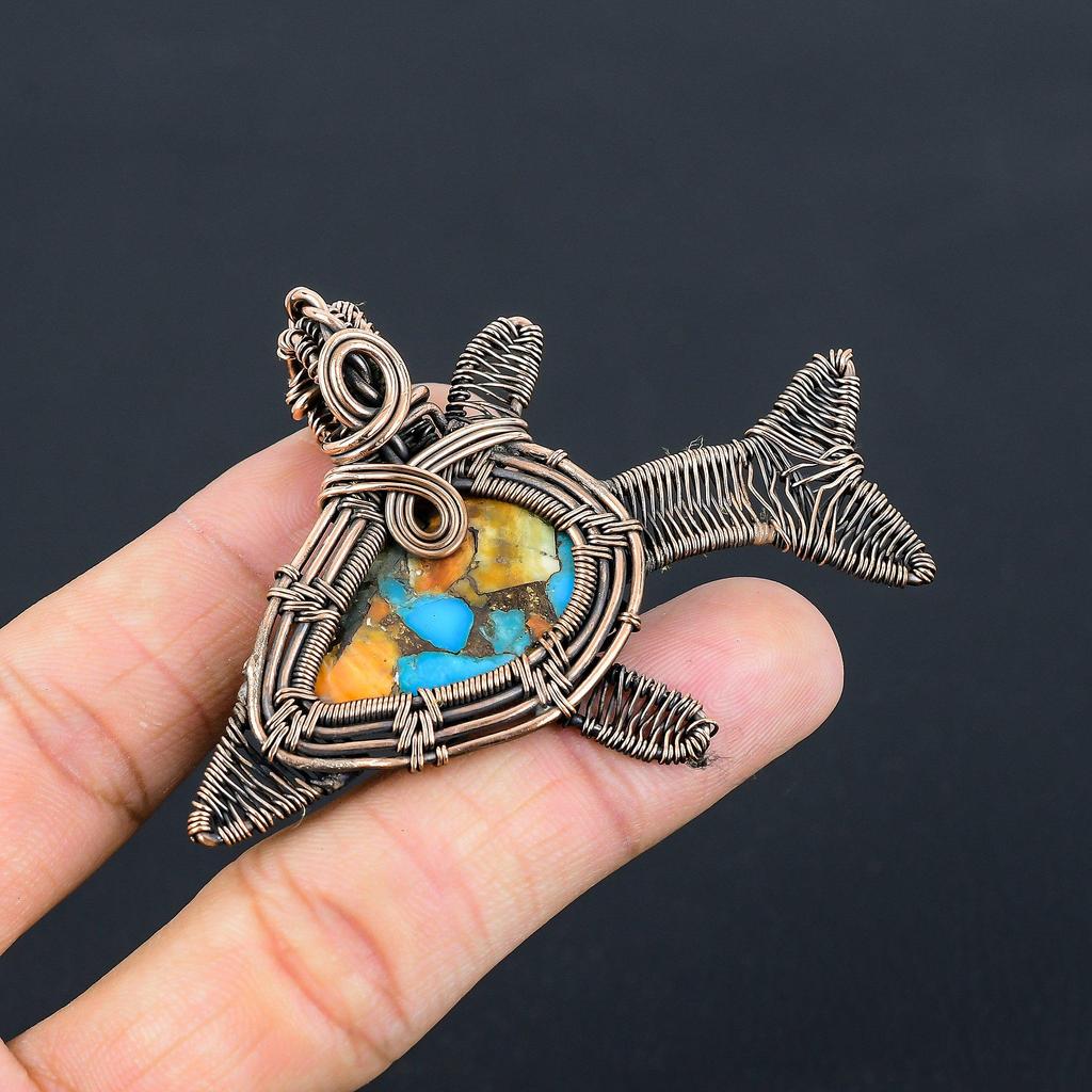 Unique Spiny Oyster Turquoise Gemstone Handmade Pure Copper Wire Wrapped Fish Pendant Jewelry