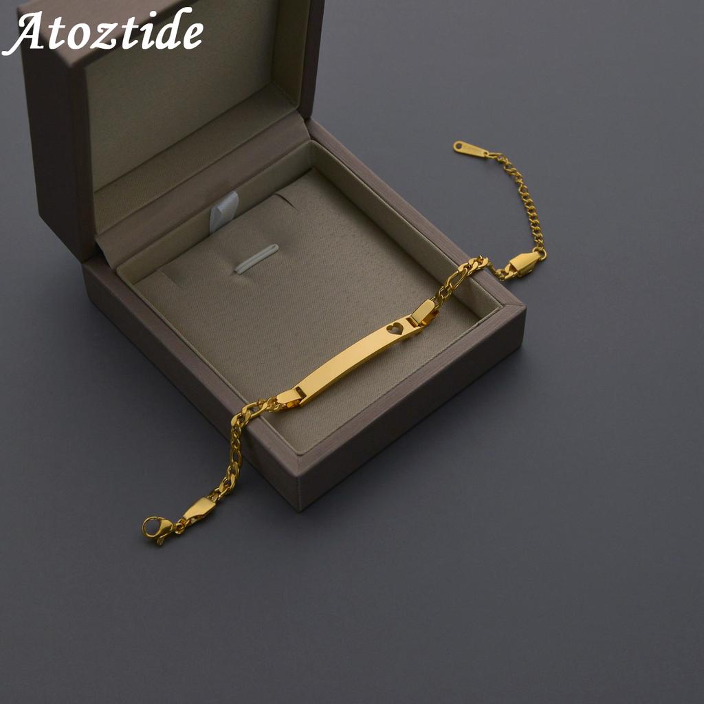 Atoztide New Customized Bar Figaro Chain Bracelet Men Stainless Steel Engraving Letter Name For Women Christmas Bangle