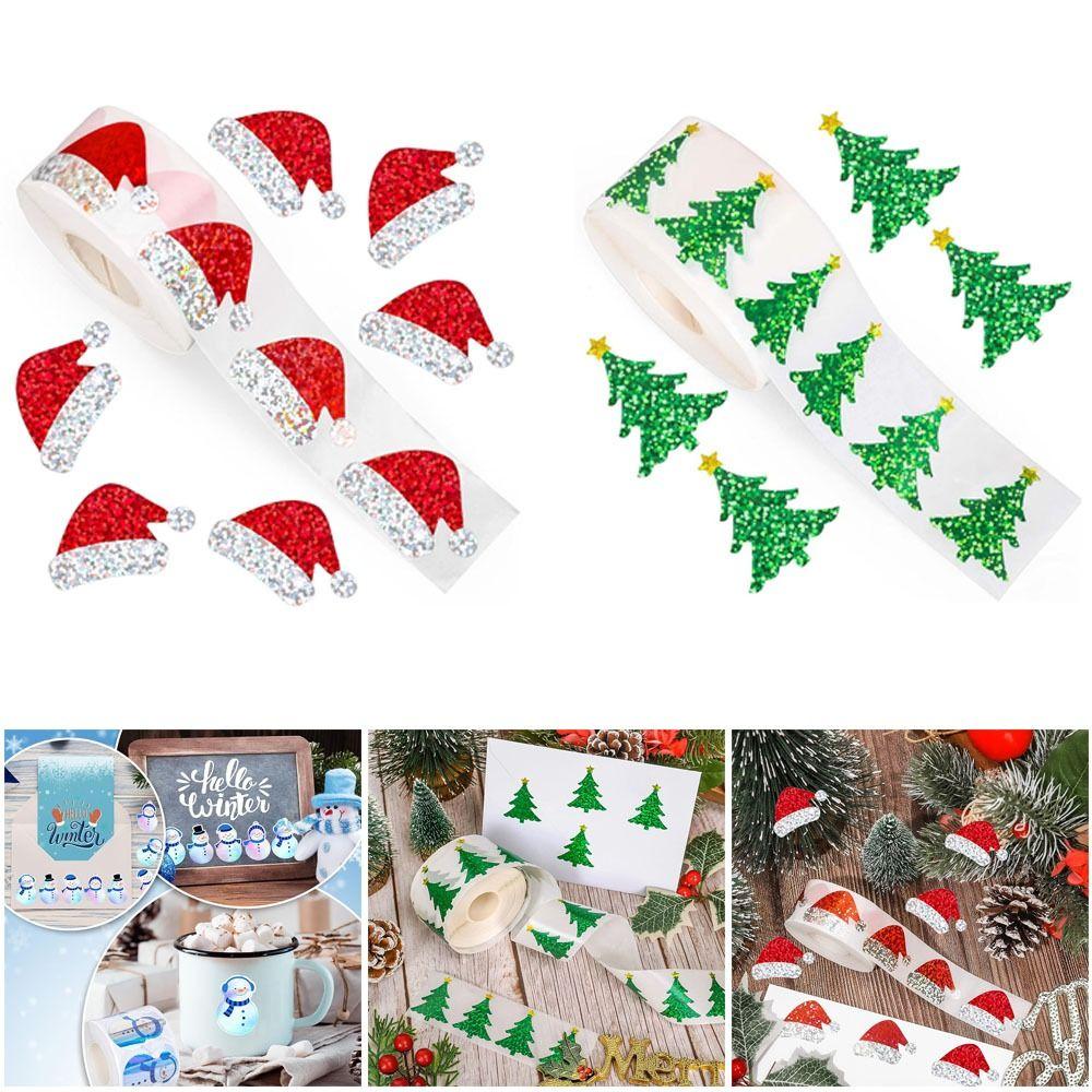 500pcs/roll Laser Type Reflective Labels Snowman Snowflake Stickers Self-Adhesive Decals Envelope