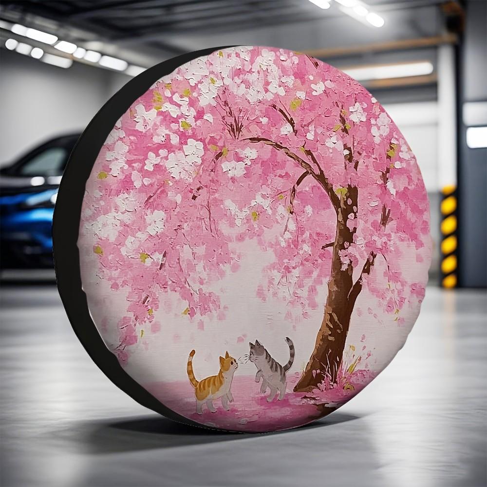 Cats Cherry Blossom Art Tire Cover Polyester Waterproof Spare Wheel Protector for SUV