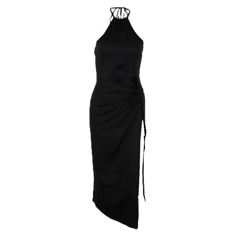 Women's Sexy Pure Black Cut Out High Slit Halterneck
