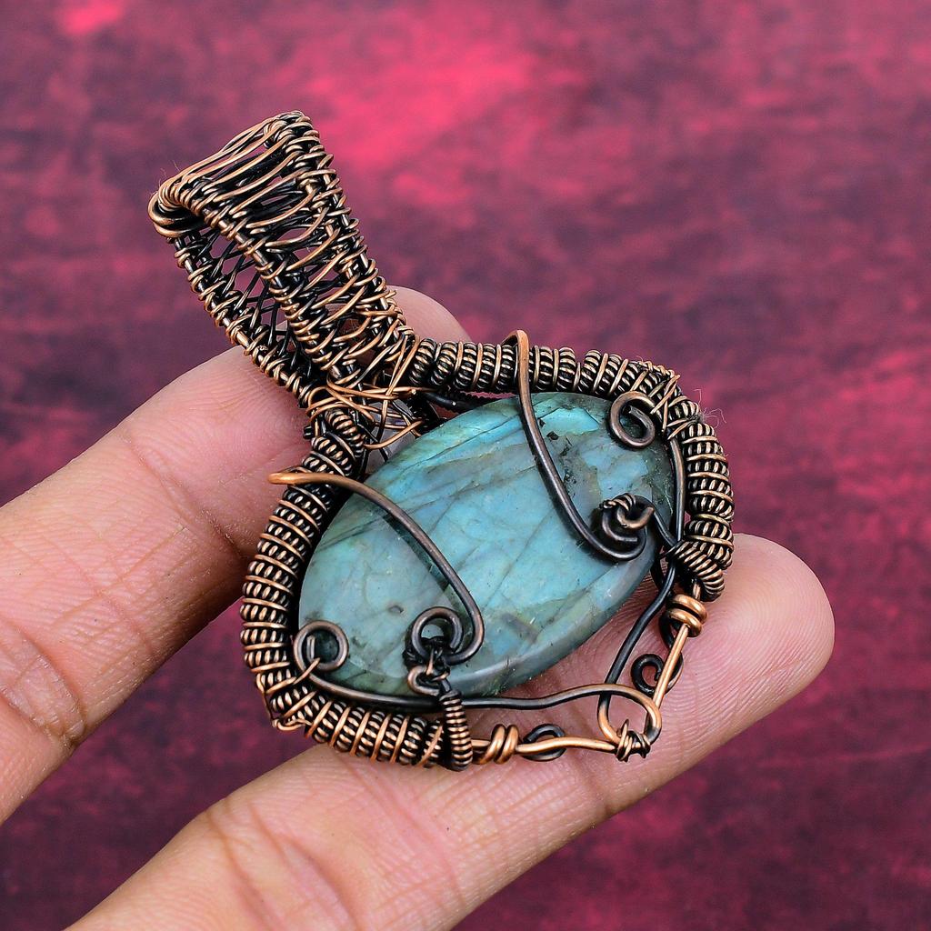 Labradorite Gemstone Pendant Copper Wire Wrap Jewelry Rainbow Moonstone Pendant