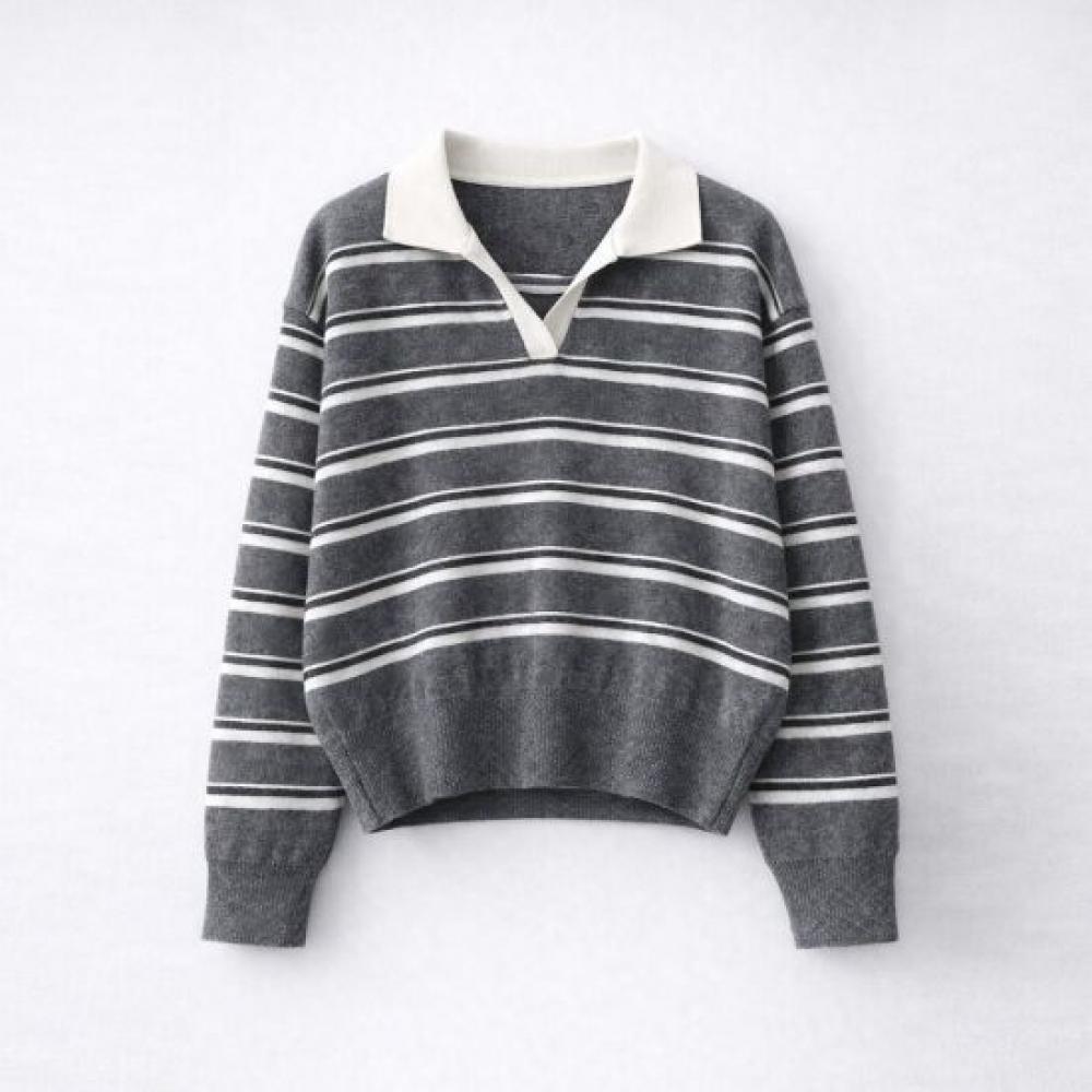Mizqz Loose Fit Stripe Open Collar Knit Long Sleeve