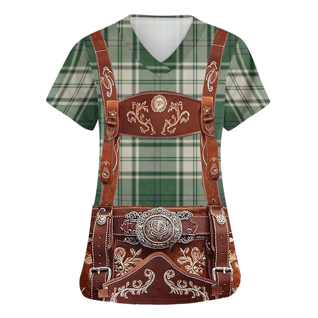 Women's V Neck Short Sleeve Work Shirt with Pockets Oktoberfest Print Top for Caregivers and Service Staff Comfortable Fit