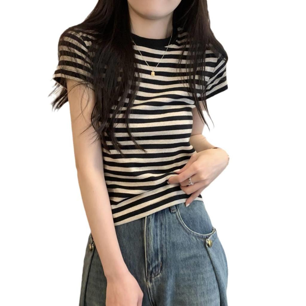 Women's 2025 Retro Striped Slim T-Shirt - Short-Sleeved Summer Design