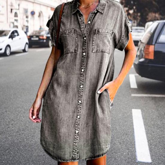 Ladies Dress Button Pocket Short Sleeve Lapel Solid Color Daily Wear Single-breasted Side