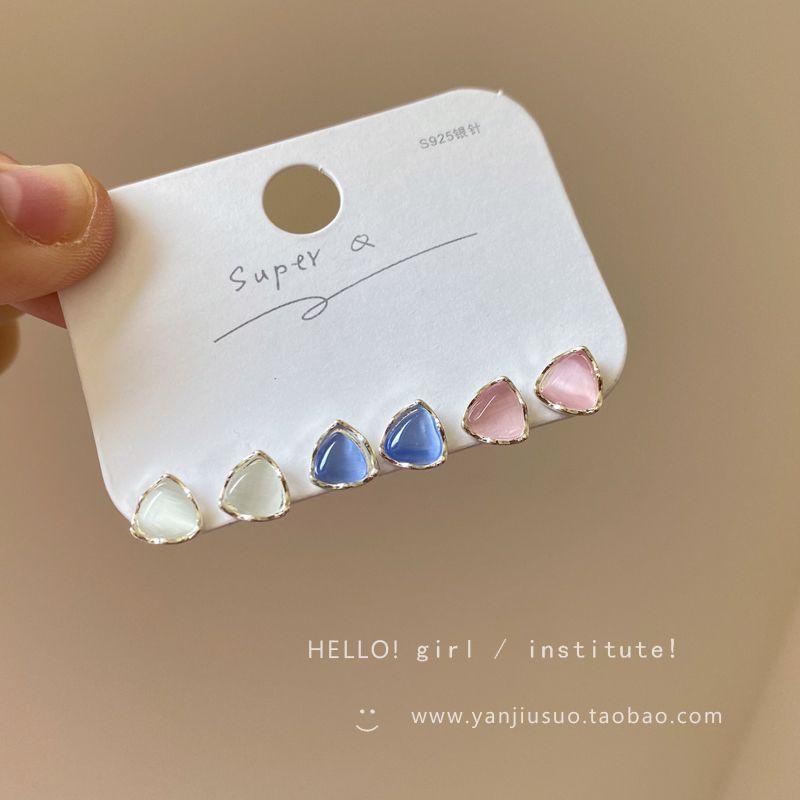 

Cold Style Summer Women s Geometric Square Earrings Opal Color triangle Cat s Eye Stone Suit stud earrings