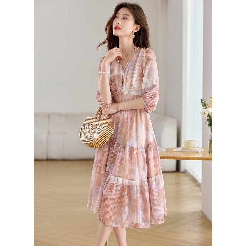 Sanpowa Women s V-Neck Mid-Length Vacation Dress M