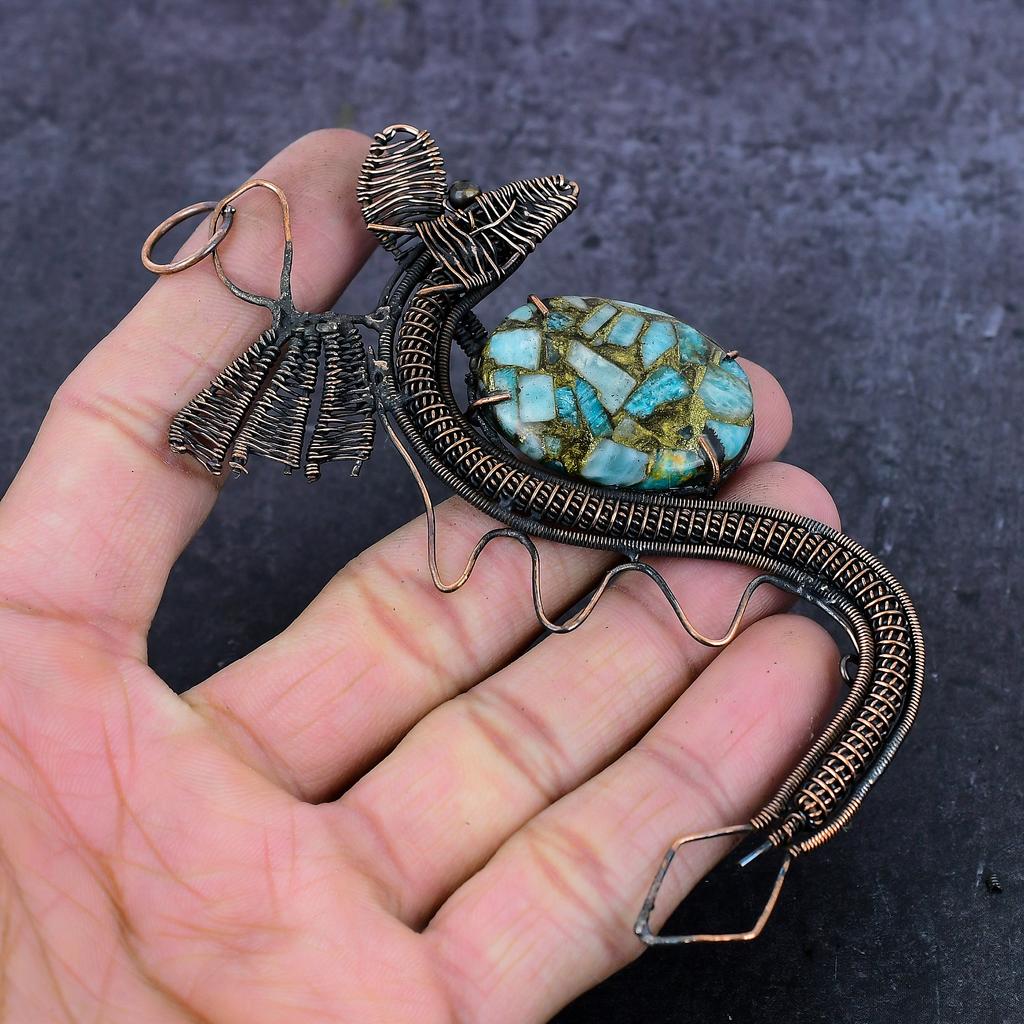 Natural Copper Larimar Handmade Copper Wirewrap Dragon Gift Pendant 4.53" D8G39