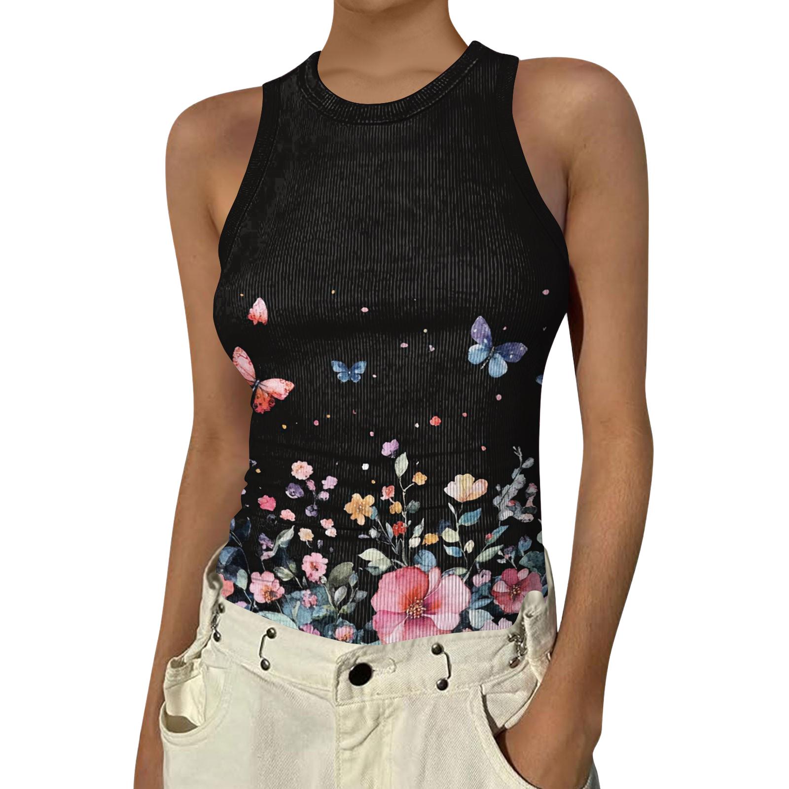 

Womens Spring Tops Sleeveless Striped Floral Tank Summer Shirts for Women Casual Crewneck Womens Summer Shirts Soft Fabric S рожевий