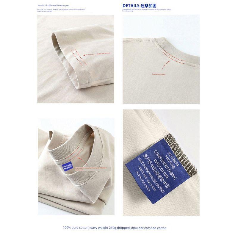 Wassup Heods Short-Sleeved T-Shirt with Round Neck, Summer Trendy Printed Pure Cotton Heavyweight American Casual Loose Fit for Men and Women