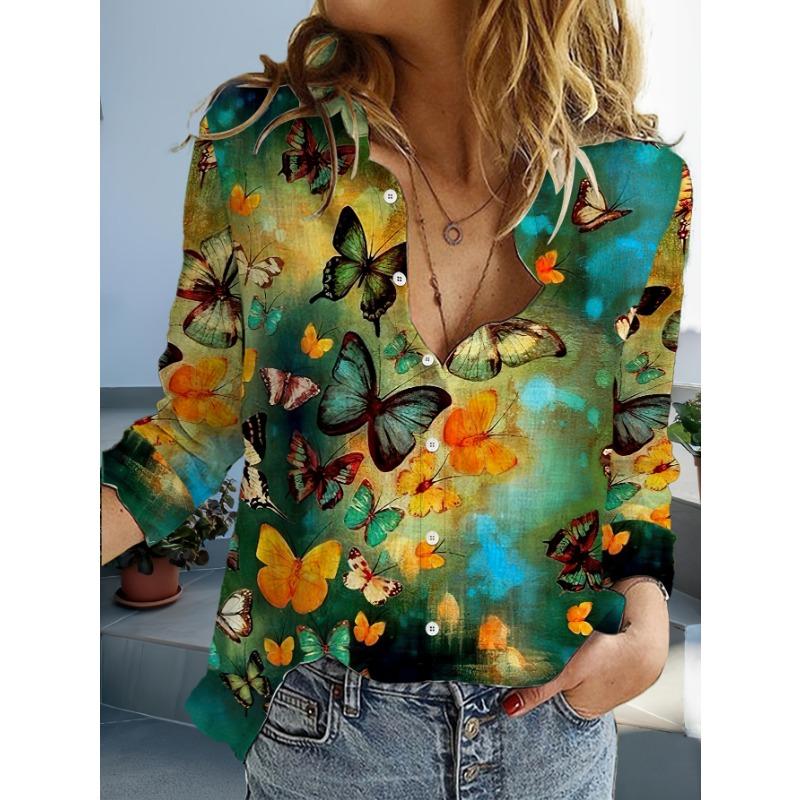 Fashion Flowers Butterflies Pattern 3D Print Women's Long Sleeve Shirt Simple Lapel Tops Autumn Casual Commuter Women Clothing