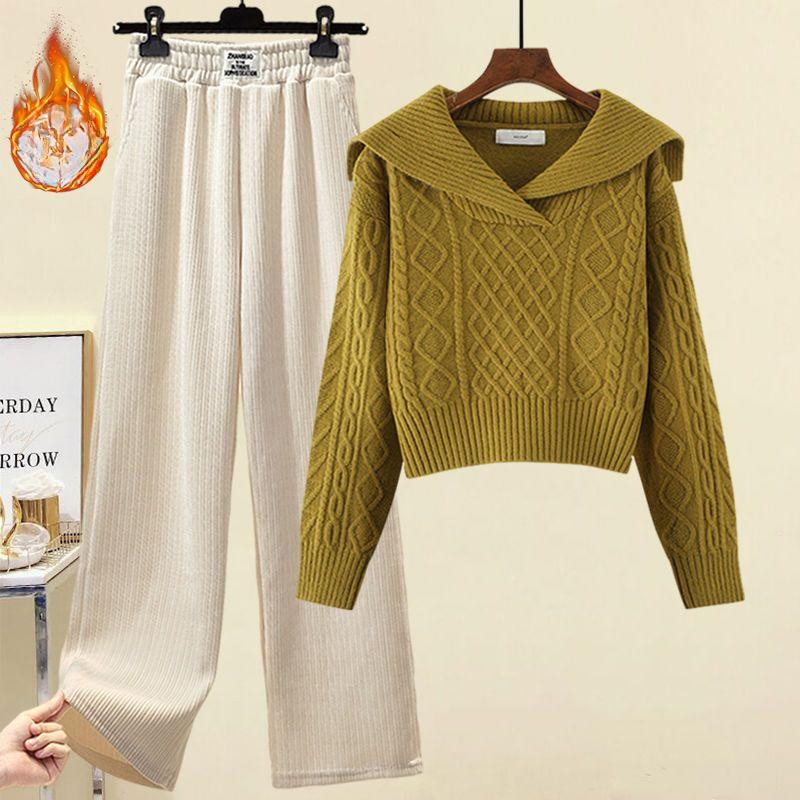 Winter Sweater Suit Women's Plus Velvet Casual Wide-leg Pants Two-piece Suit