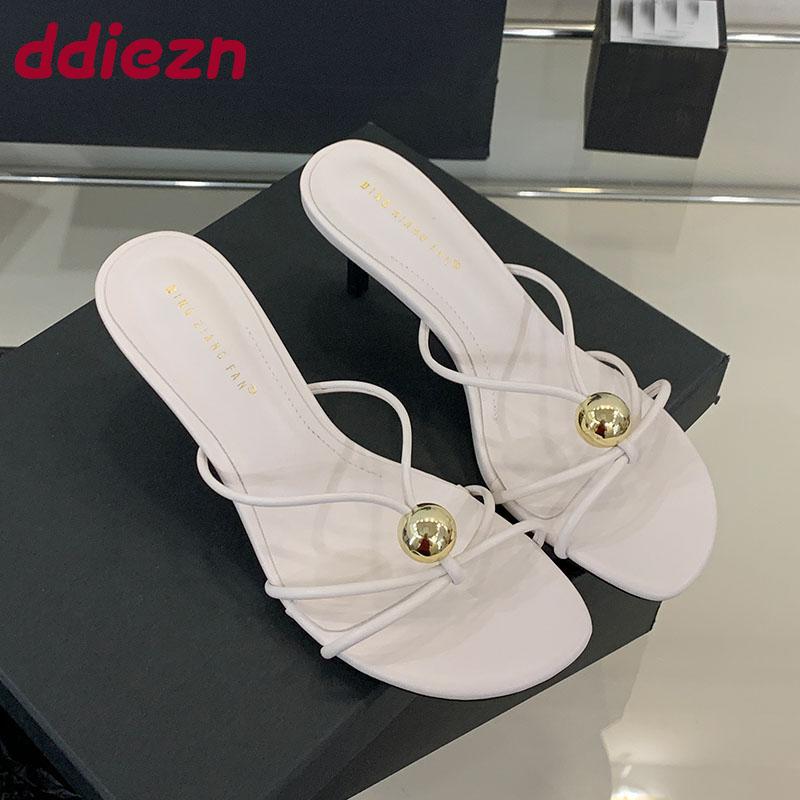 Fashion Thin Heels Footwear Slippers Slides Shoes For Women Metal Fashion Round Toe Ladies High Heels Slippers Female Sandals 2025 New