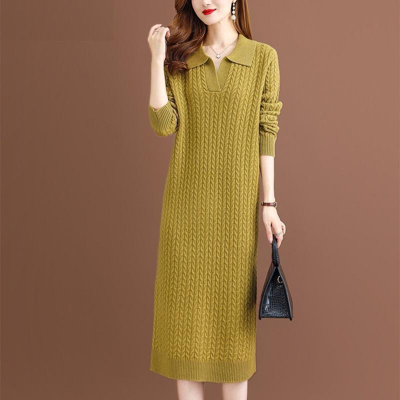 2024 Autumn-Winter Women's Korean Style Knitted Lapel Sweater Dress - Over the Knee, Medium-Length, Loose Fit