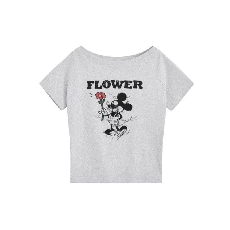 White Slanted Shoulder Off-shoulder Short-sleeved T-shirt Women's Summer New American Cartoon Mickey Print Casual Loose Top