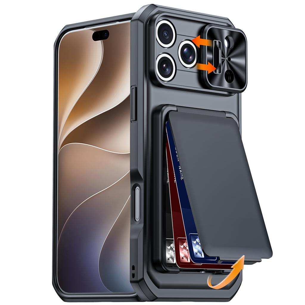 RFID Blocking Wallet Case with Card Holder Sliding Camera Cover and Kickstand for iPhone 18 Pro Max iPhone 17 Pro Max-Orange