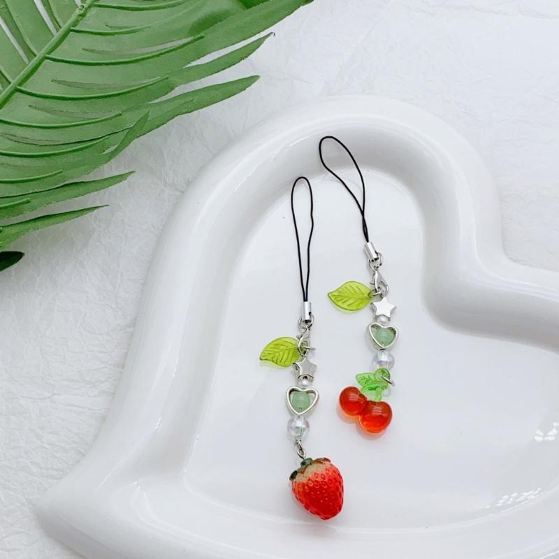Strawberry/Cherry Beaded Keychain Charm Colorful Fruit Keyring for Women and Girls Bag Accessories Purse Decoration