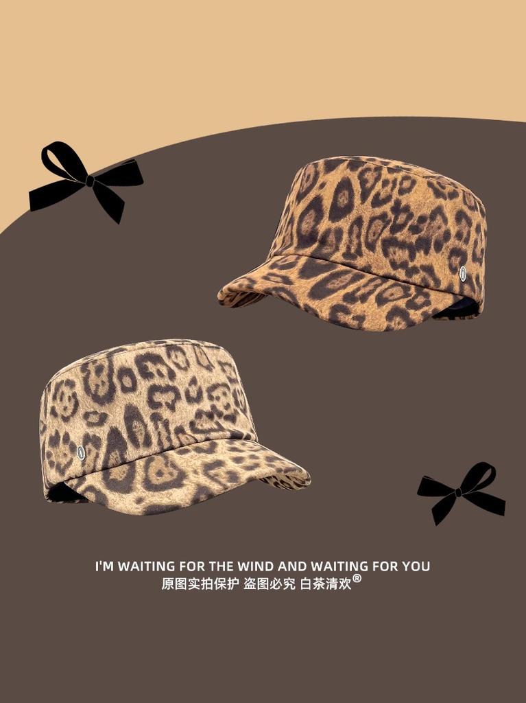 American Leopard Print Retro Forward Hat Women Autumn Winter Seasons New Face-Showing Small Versatile Equestrian Hat Beret