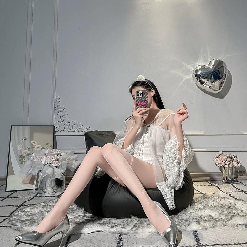 Black Silk Open Crotch Fishnet Stockings, Plus Size Garter, Sexy Bed Flirting Stockings