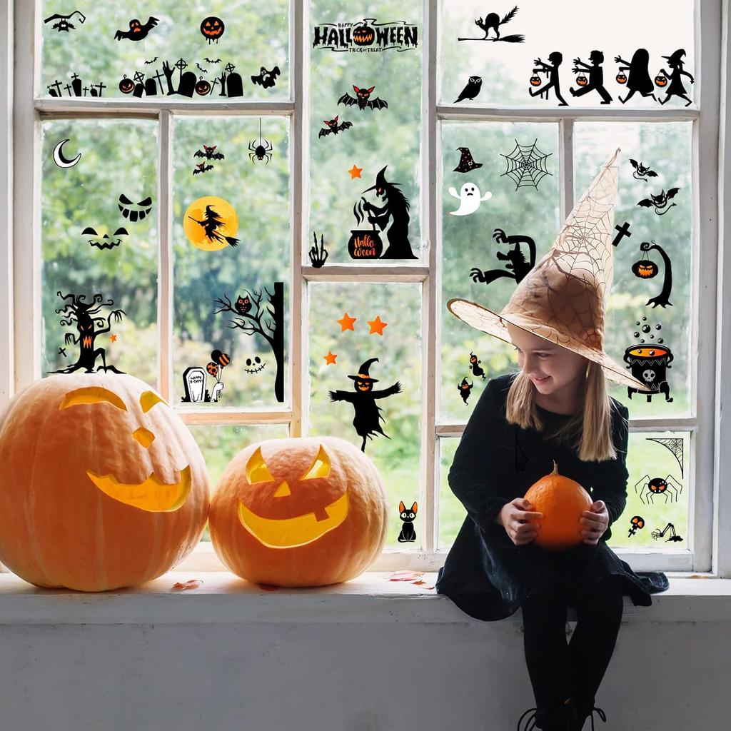 Halloween Window Stickers, 10 Sheets 150+PCS Halloween Skeleton Bats Ghosts Window Clings Party Decoration, Decals for Glass Windom Indoor and