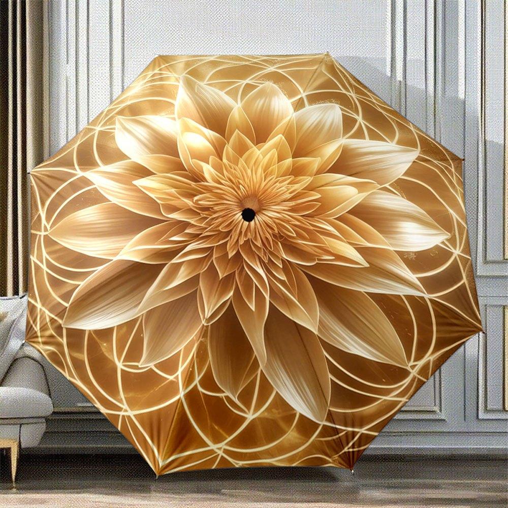 

1pc Automatic Open/Close Golden Flower Umbrella - 8-Rib Compact Folding Canopy with Beige & Golden Petals, Collapsible Portabl
