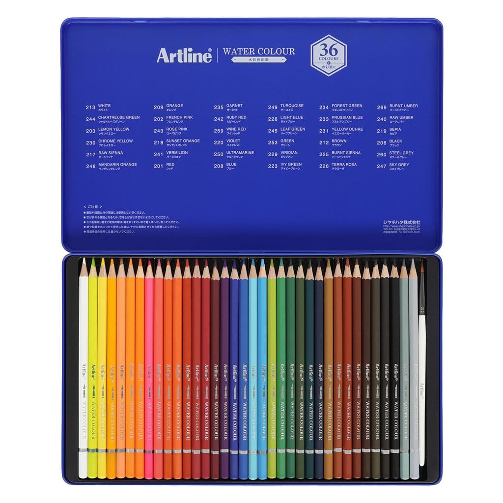 Shachihata Artline Watercolor 36 with Watercolor Pencils, Colors, Brush, KCP-W36C/H