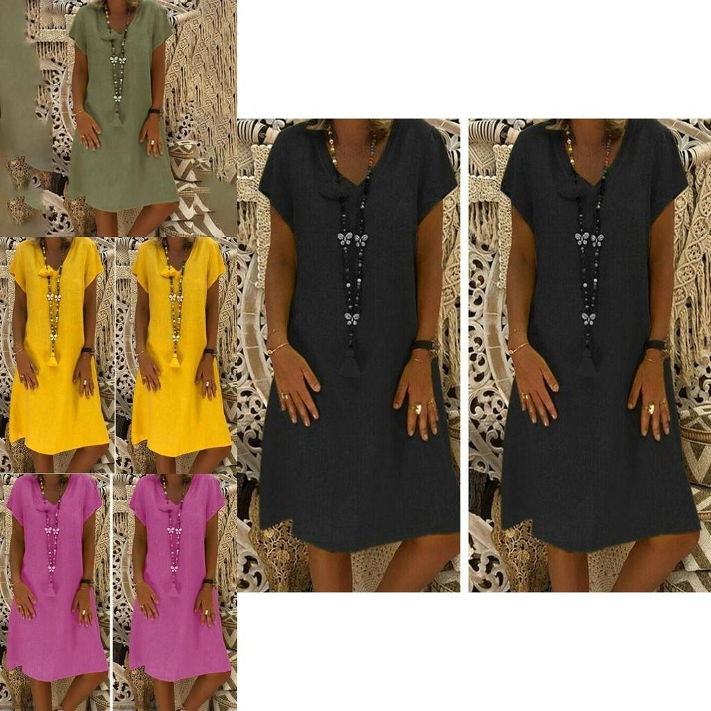 Robe Tunique Midi Élégante d'Été à Manches Courtes et Col en V pour Mode Grande Taille