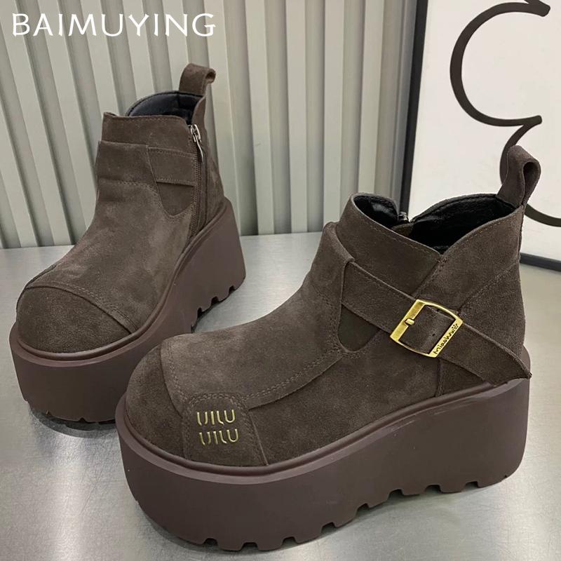 Platform Women Snow Ankle Bootas Suede Short Plush Cotton Mid Heels Shoes 2025 Trend Winter Warm Cozy Zippers Botas De Mujer