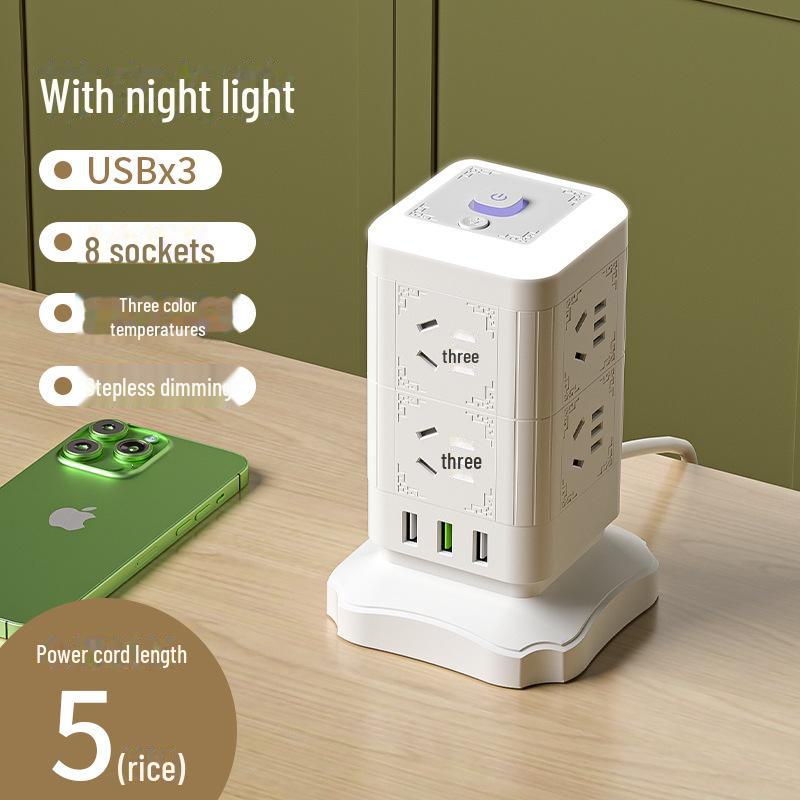 Multi-function Tower Power Strip with USB, Overload Protection, and Night Light