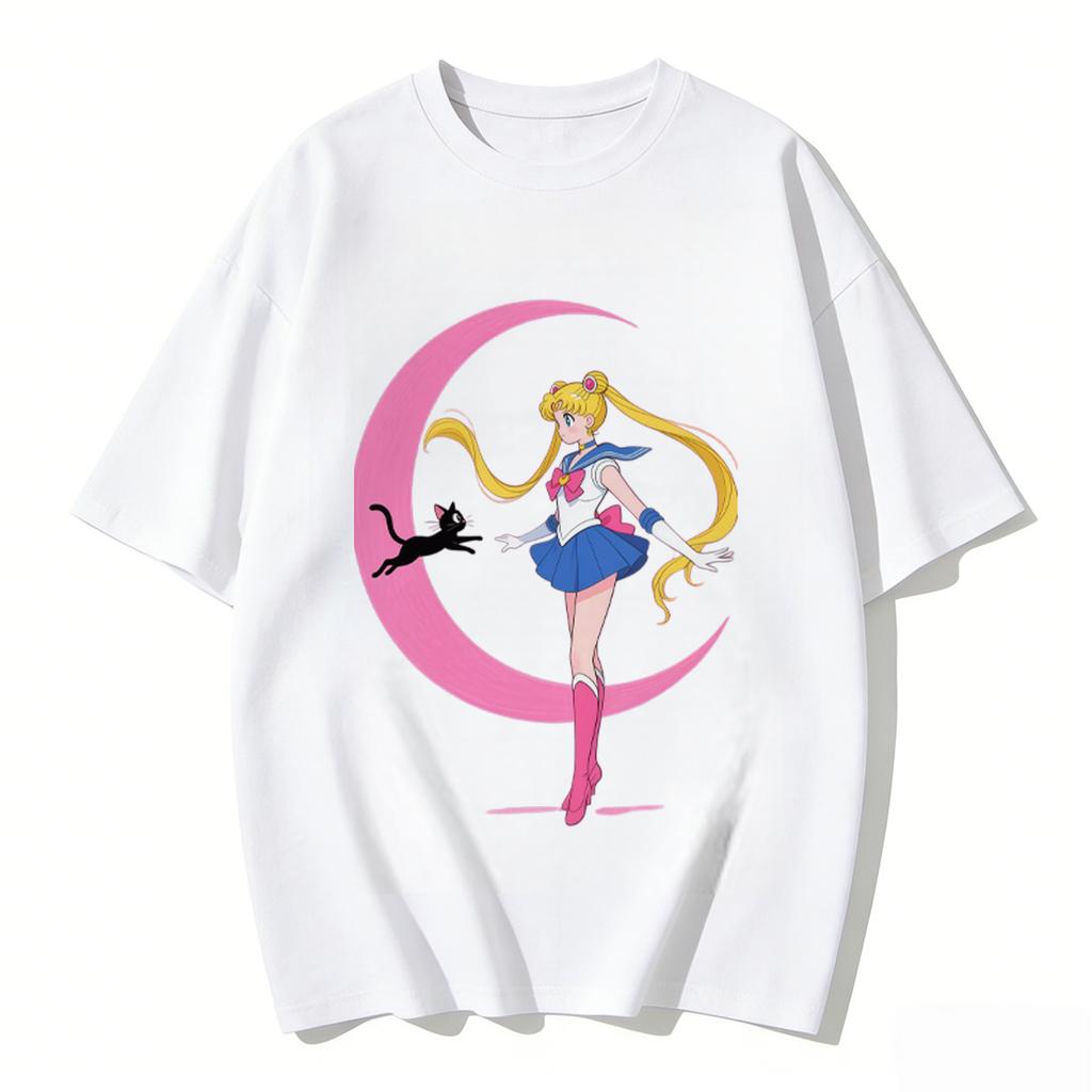 Sailor Moon Anime Luna Cat Printed T-shirt Summer Men's and Women's T-shirt Trendy Loose Casual Y2K 2026 New Streetwear Tee