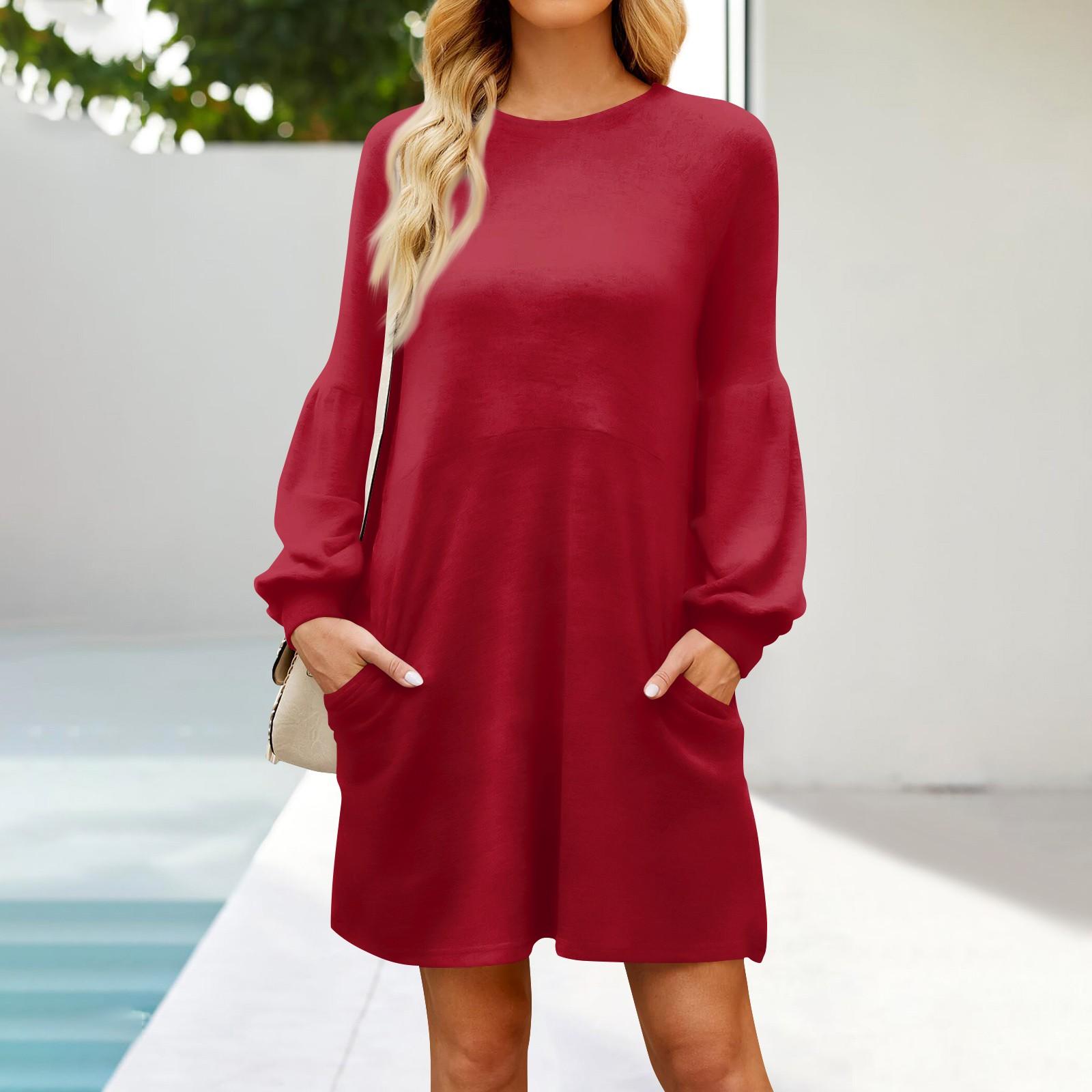 

Модное женское платье трапециевидной формы с длинным рукавом. Осенний повседневный пуловер с круглым вырезом. Свободное платье с карманами. XL