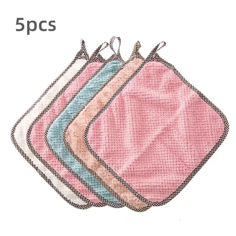 Double-sided Soft Skin-friendly Coral Fleece Towel Quick Drying Super Absorbent Hanging Kitchen Dishwashing Cleaning Cloth Tools