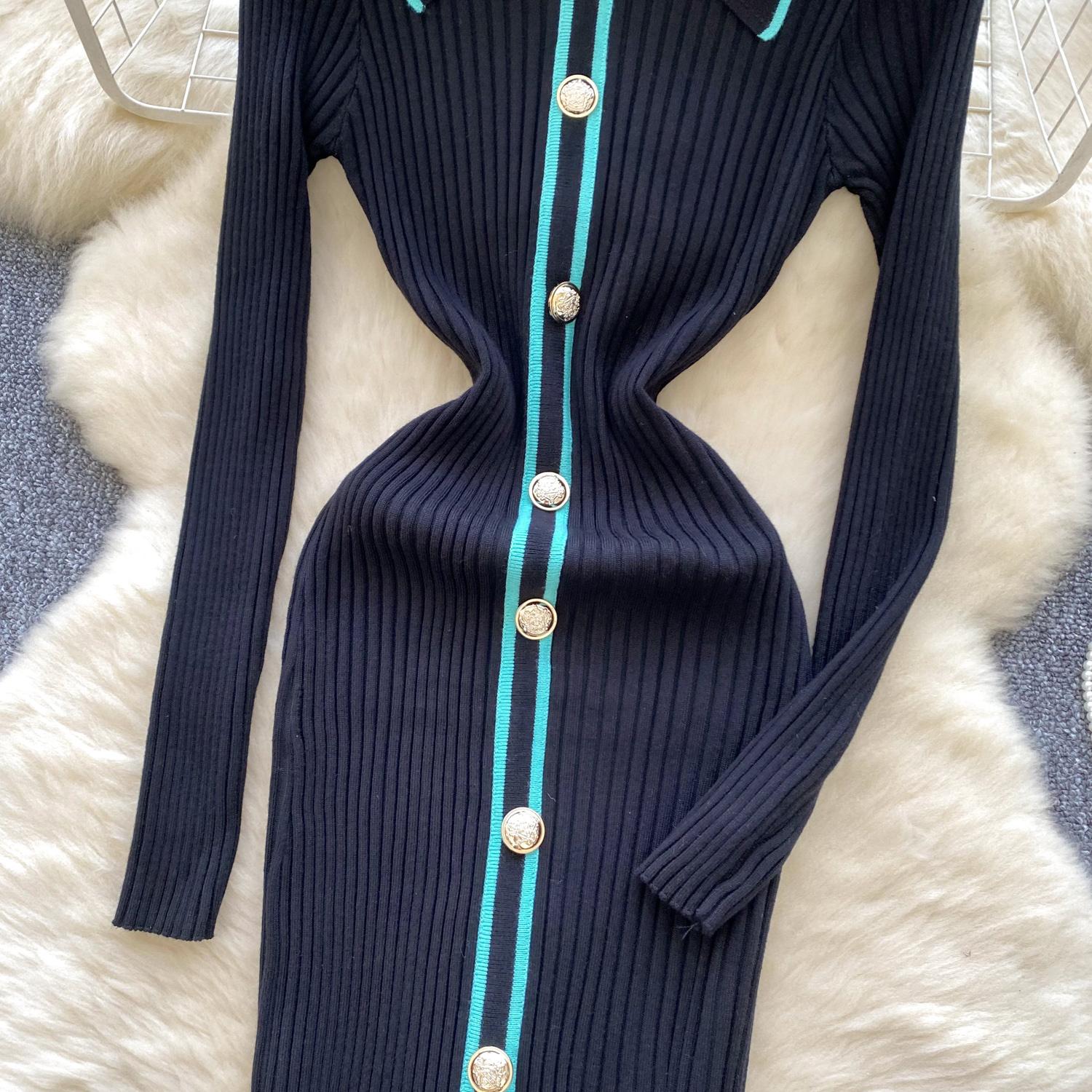 Осень-зима женские трикотажные платья 2024 винтажное лоскутное полосатое длинное — фото 4