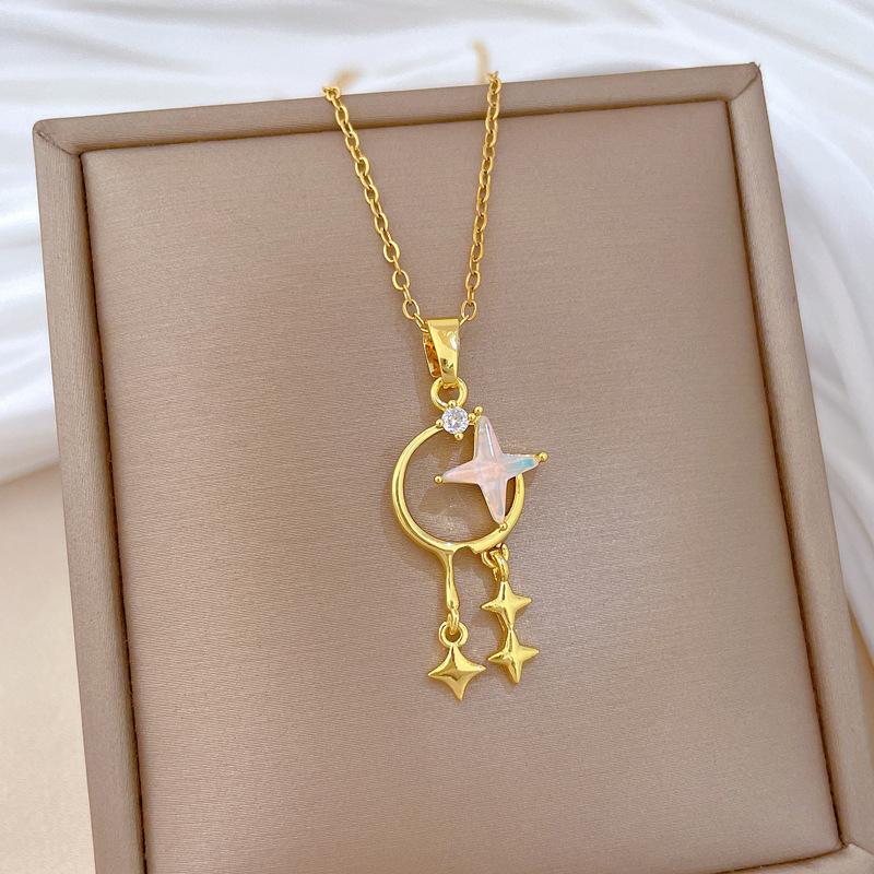 

Sweet Moonstone Zircon Moon Star Tassel Pendant Necklace for Women Girls Dreamy Stainless Steel Chain Jewelry Accessories Gifts