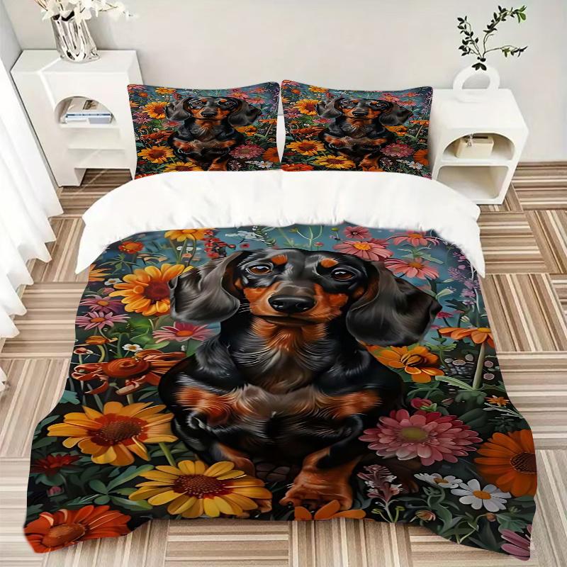 3pcs Dachshund Dog Floral Garden Bedding Set, Includes One Quilt Cover and Two Pillowcases (No Core), Anime Cartoon Design, Polyester Fabric