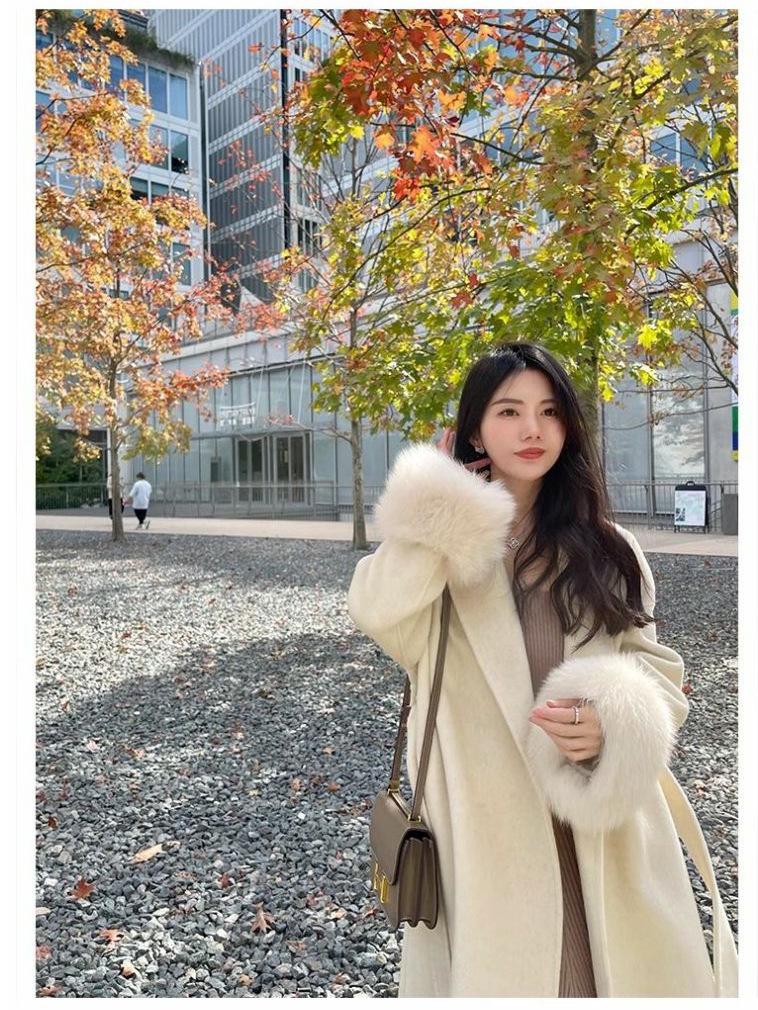Manteau en Laine Mi-Long pour Femme avec Manches en Fourrure - Veste Décontractée Chic Automne/Hiver