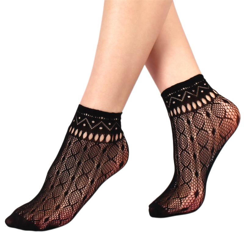 Women'S Black Fishnet Ankle Socks Retro Floral Dress Hollow Out Nylon Elastic In Patterned Short Socks